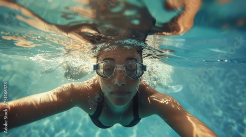 underwater selfie picture of a female swimmer in swimming suit and goggles training in swimming pool photo