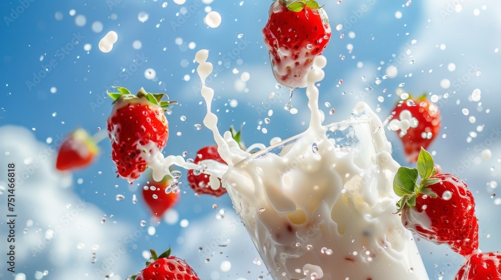 Milk splash with strawberry Splash explosion  in a clear glass cup with Bright sky background