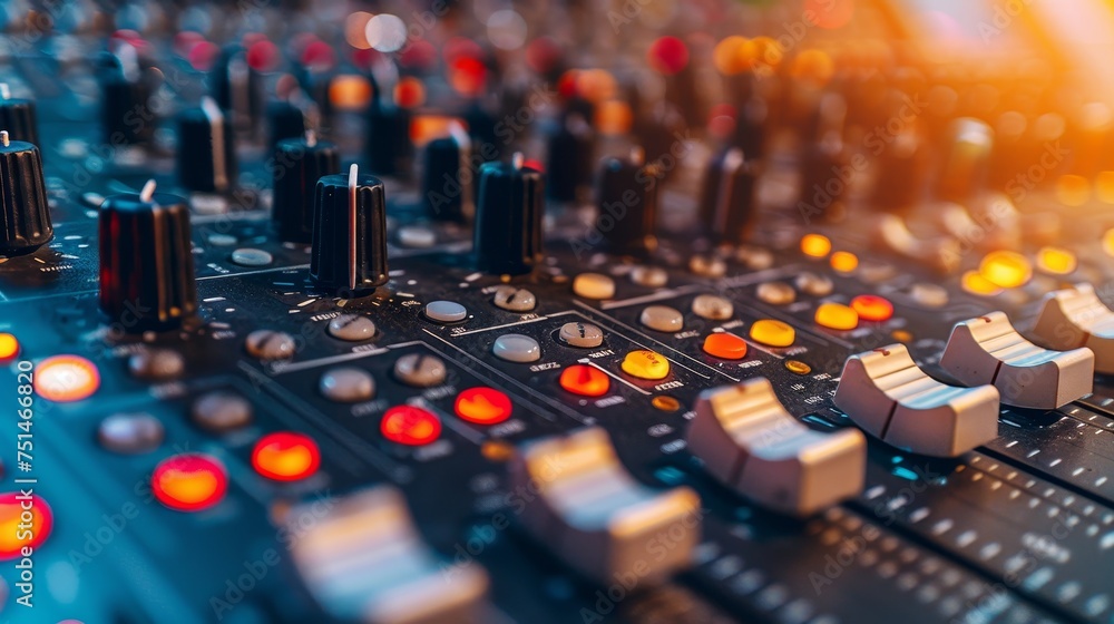 Fototapeta premium Increased buttons, sound mixer control panel, recording studio.