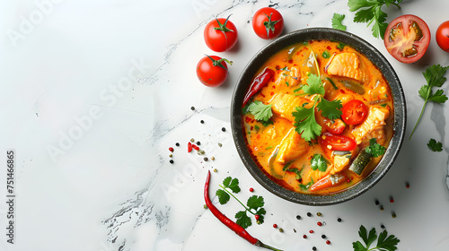 Spicy chicken curry dish on white marble background