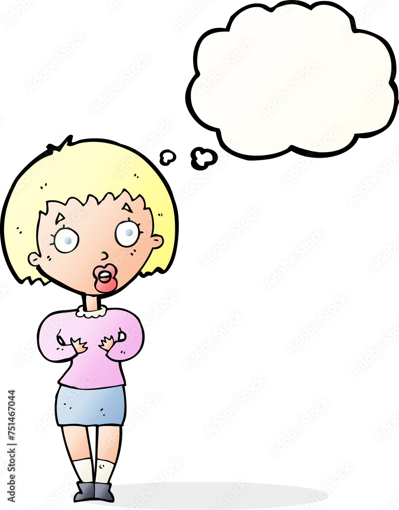 cartoon woman making Who Me? gesture with thought bubble cartoon woman making Who Me? gesture with thought bubble
