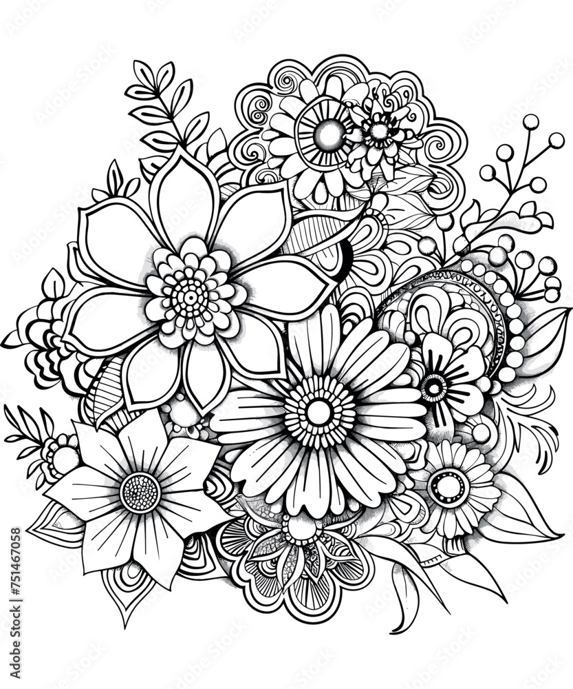 Zentangle Coloring Pages for Adult And Kids.Floral black-white background, Beautiful flowers. Vector illustration.