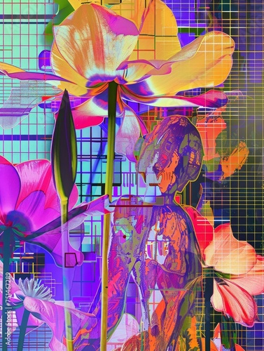 Digital art piece blending vibrant flowers with a complex pattern, creating a visually striking surreal image photo