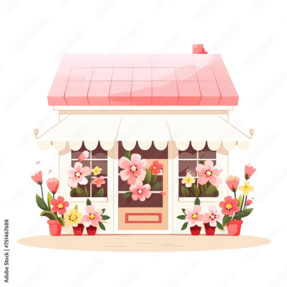 Illustration of cozy flowers shop on the street on white background.