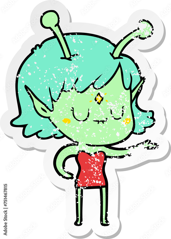 distressed sticker of a cartoon alien girl distressed sticker of a cartoon alien girl