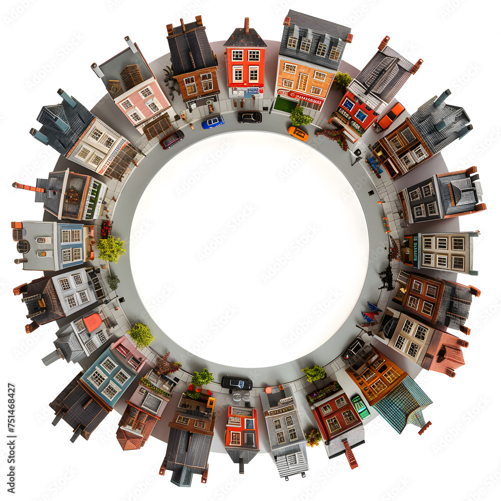 A circular cozy town top view illustration isolated on white background