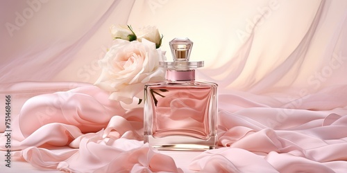 Luxurious perfume bottle encased in folds of soft pink silk fabric with pale roses