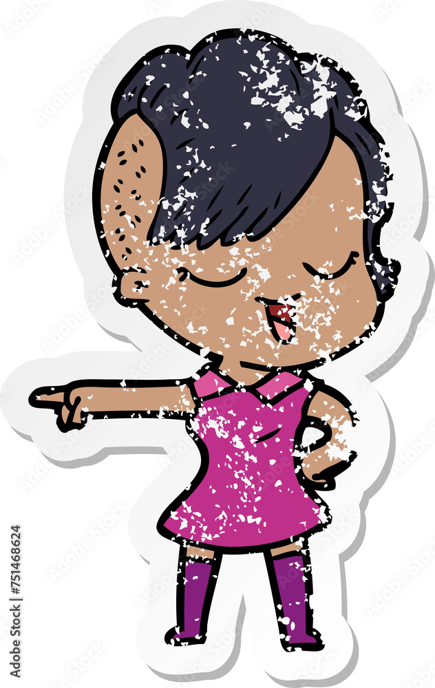 distressed sticker of a happy cartoon girl distressed sticker of a happy cartoon girl