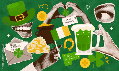Collage of halftone paper stickers of St. Patrick's Day holiday on green background. Groovy elements in trendy psychedelic y2k sticker style. Mouth, eye, hands dotted elements. Vector illustration.