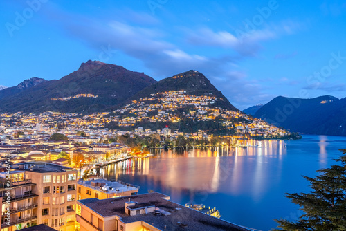 Lugano, Switzerland Cityscape with Monte Bre on Lake Lugano