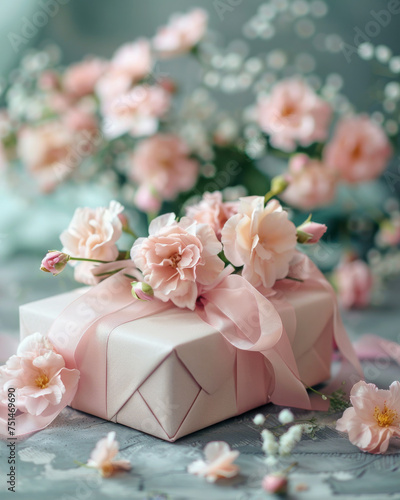 Carnation-Themed Gift Idea. Delicate pink gift box surrounded by soft carnation flowers.