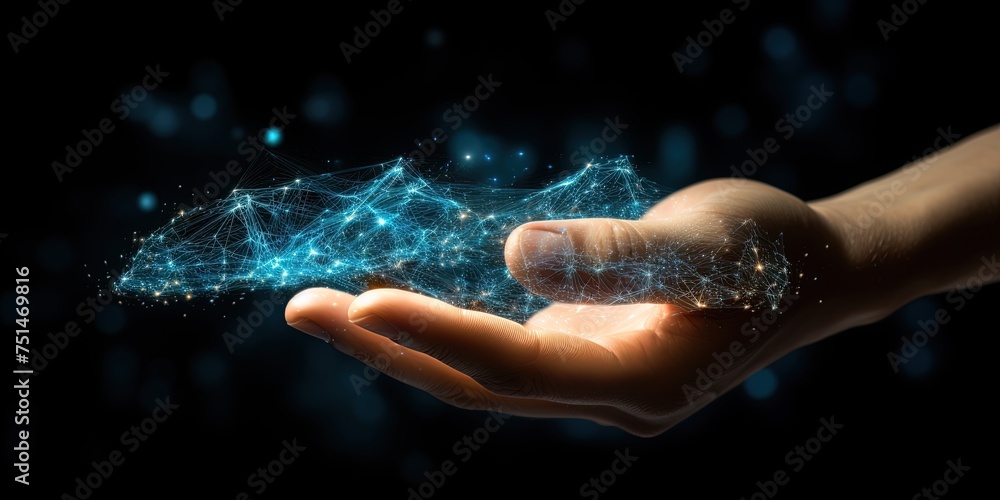 Hand touching a spinning vortex of data and light particles, data flow and processing visualisation backgrounds Hand touching a spinning vortex of data and light particles, data flow and processing visualisation backgrounds