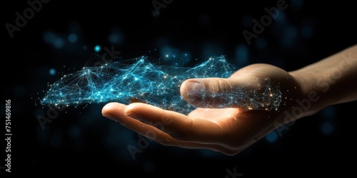 Hand touching a spinning vortex of data and light particles  data flow and processing visualisation backgrounds