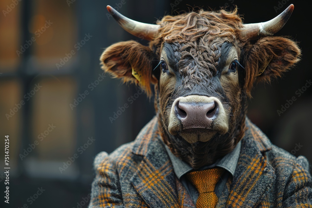 This hyper-realistic portrait features an African buffalo dressed in a sleek suit, seamlessly blending anthropomorphic charm with the majestic essence of the animal. This hyper-realistic portrait features an African buffalo dressed in a sleek suit, seamlessly blending anthropomorphic charm with the majestic essence of the animal.
