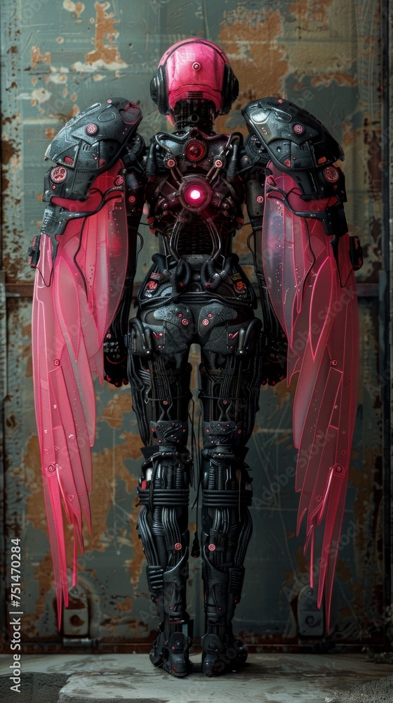 A concept art of a futuristic female warrior robot equipped with advanced armor and wing-like appendages A concept art of a futuristic female warrior robot equipped with advanced armor and wing-like appendages