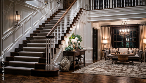 Staircase leading to the second floor of a luxury home with hardwood floors and white walls