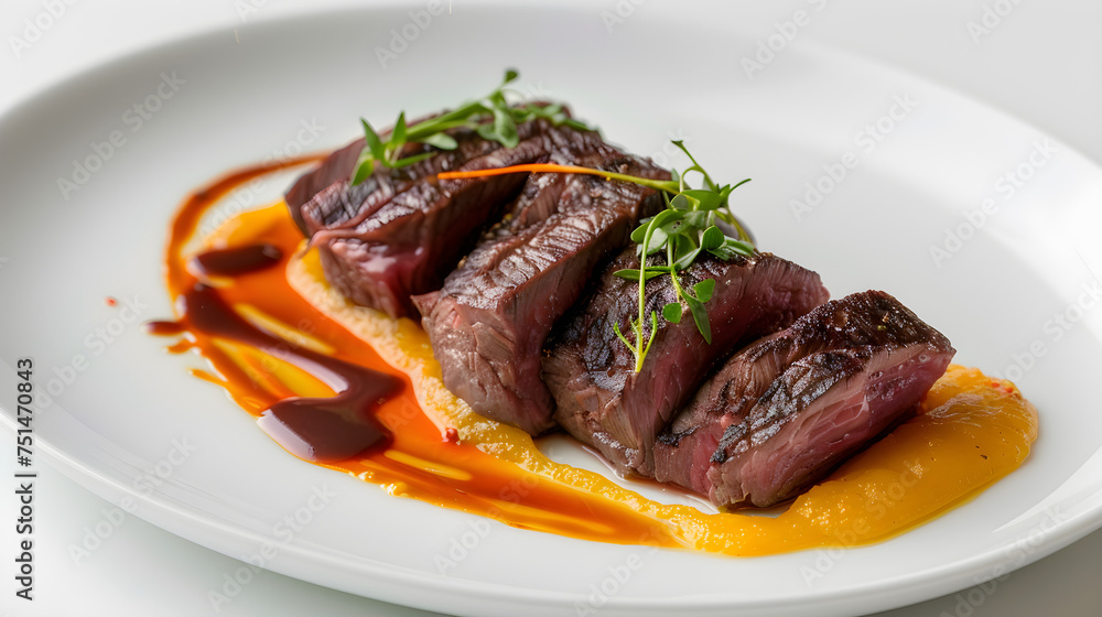 Gourmet sliced steak with herb garnish