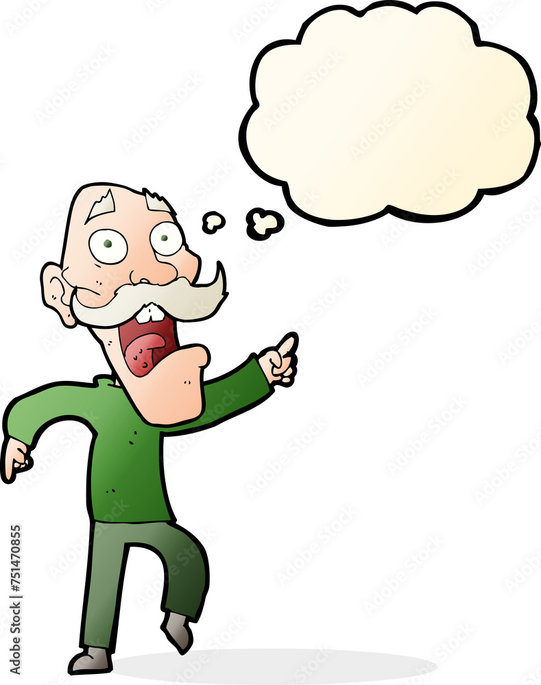 cartoon frightened old man with thought bubble