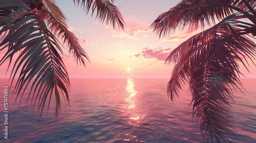 coconut palms at pink tropical sunset over calm sea © zakariastts