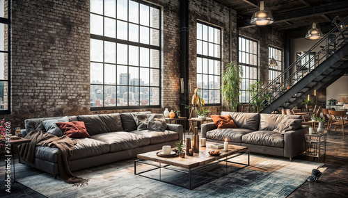 Modern loft living room interior design with brown sofa  coffee table and city view. 3D Rendering