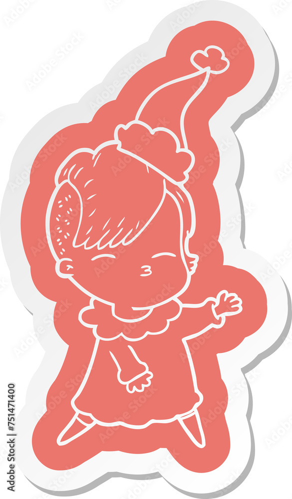 cartoon sticker of a squinting girl wearing santa hat cartoon sticker of a squinting girl wearing santa hat