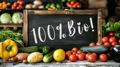 Regionaler Bioladen / Bauernmarkt, Supermarkt, einkaufen, vegetarisch, vegan Essen Hintergrund - Kreidetafel Tafel mit dem Text " 100% Bio " und frisches gesundes Gemüse auf Tisch