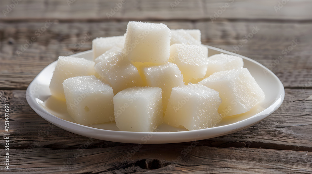 Fresh cut sugar cubes on rustic wooden table Fresh cut sugar cubes on rustic wooden table