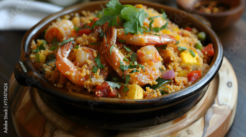 Savory shrimp couscous in clay bowl