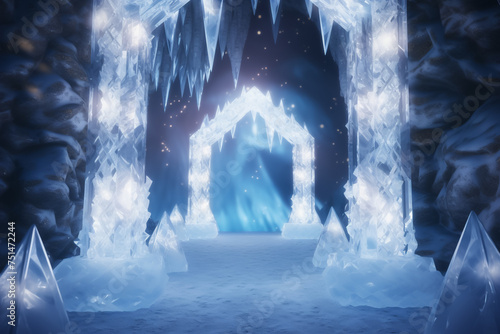 A crystalline ice gate with lanterns filled with fire hanging from its frame creating a magical pathway quirky character vivid mascot 3d rendercute