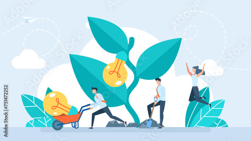 People grow plants, a metaphor for the birth of a creative idea. Planting new idea, growing business development, progress or growth strategy, education or creativity concept. Vector illustration