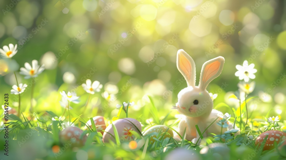 Fototapeta premium Easter bunny and easter eggs on green grass with flowers with copy text