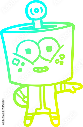 cold gradient line drawing happy cartoon robot pointing