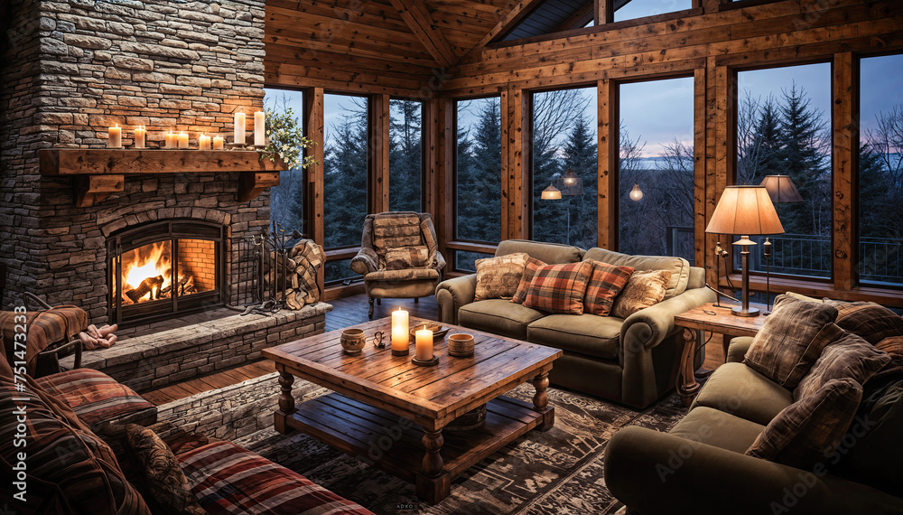 Interior of a log house with fireplace and armchair Stock Illustration ...