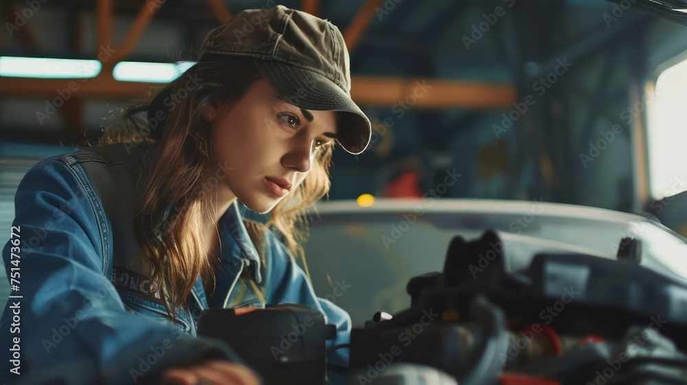 female mechanic checking car motor oil inside car hood female mechanic checking car motor oil inside car hood