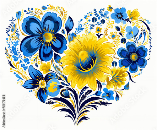 a heart shaped arrangement of blue and yellow flowers on a white background with a blue and yellow border around the center, generative ai