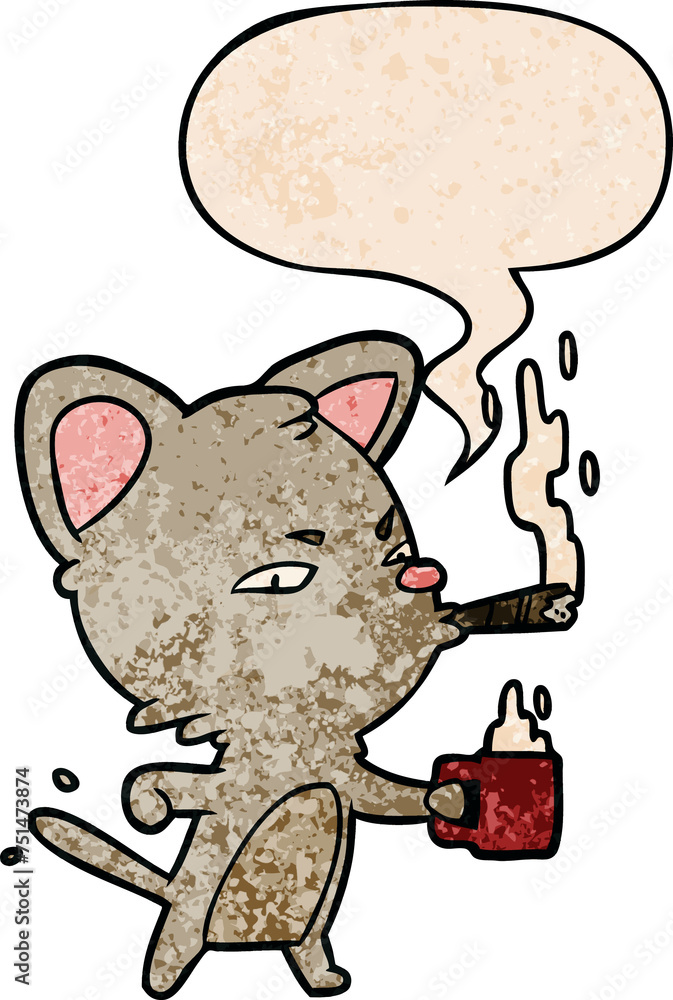 cartoon serious business cat and coffee and cigar and speech bubble in retro texture style cartoon serious business cat and coffee and cigar and speech bubble in retro texture style