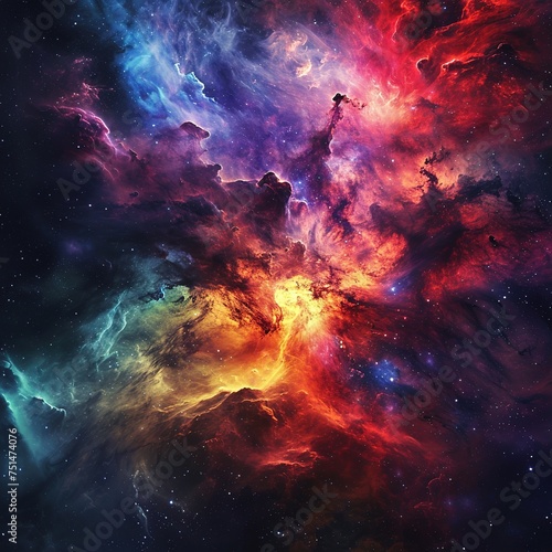 Visually stunning image, high contrast with deep blacks that make colors pop, in the heart of a vibrant multicolored nebula. Galaxy with colorful nebula, shiny stars and heavy clouds © Diego
