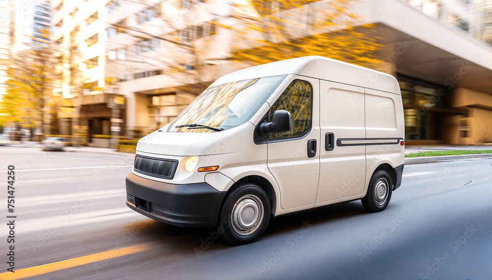 White cargo van driving fast on the city street with blurred background