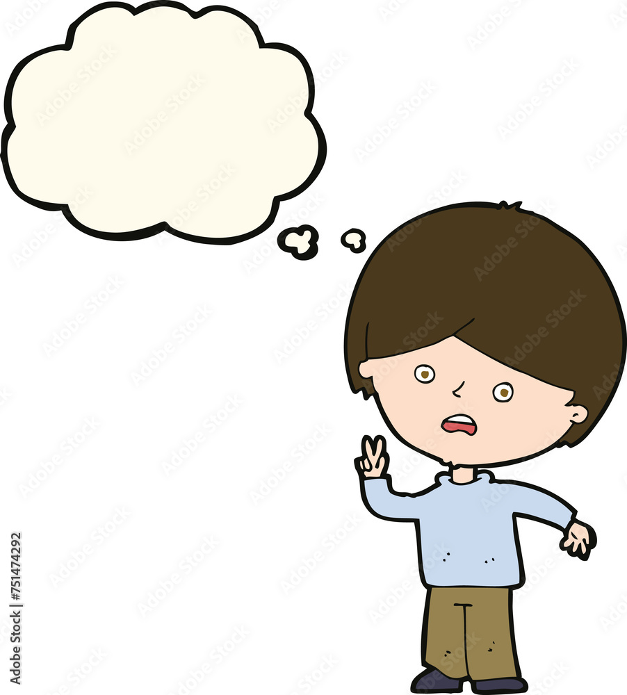 cartoon unhappy boy giving peace sign with thought bubble cartoon unhappy boy giving peace sign with thought bubble