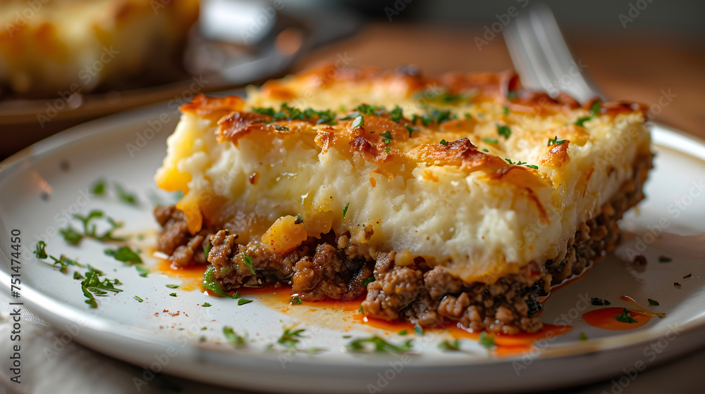 Savory homemade shepherd's pie on plate Savory homemade shepherd's pie on plate