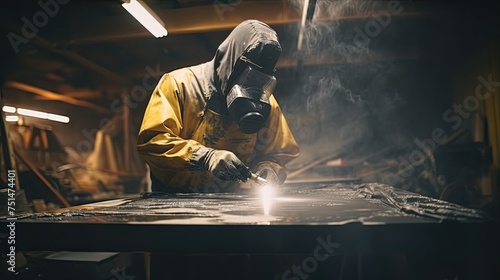 Worker welding metal carcass