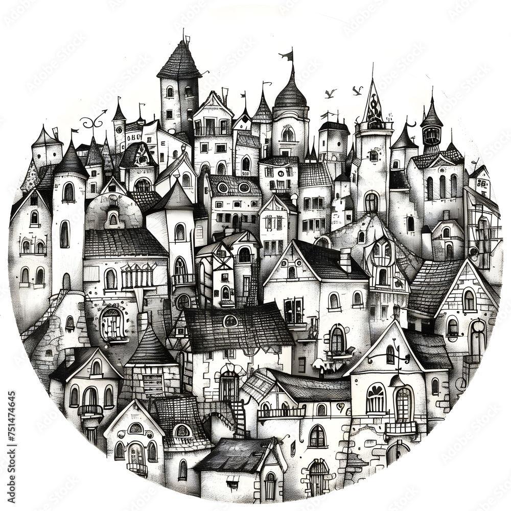 Obraz premium Hand drawn of cozy city, black graphic line design