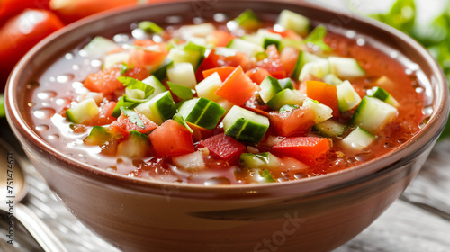 Bowl of refreshing gazpacho soup with diced