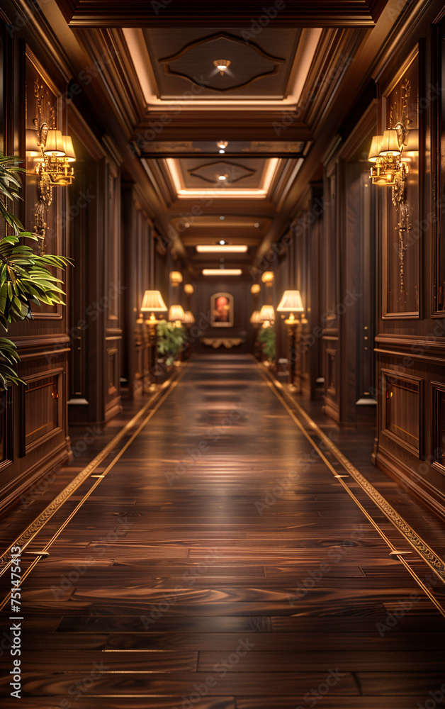 Elegant hallway, dark wood panels, golden accents, luxurious lighting.