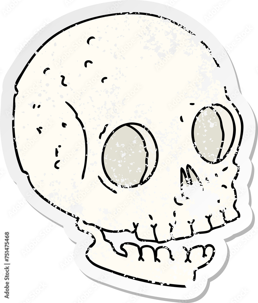 distressed sticker of a quirky hand drawn cartoon skull distressed sticker of a quirky hand drawn cartoon skull