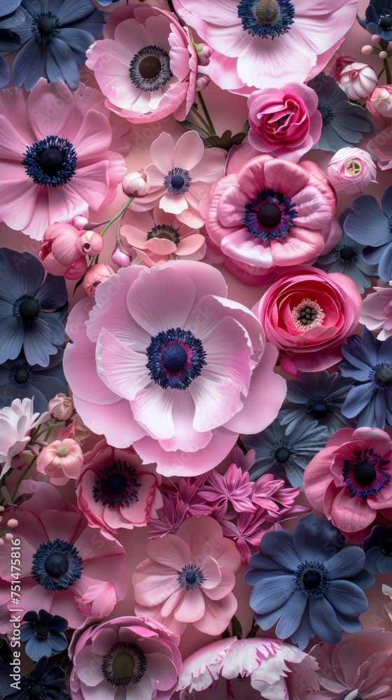A stunning array of paper flowers in various shades of pink and blue, closely packed to fill the frame with vibrant colors A stunning array of paper flowers in various shades of pink and blue, closely packed to fill the frame with vibrant colors