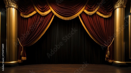 Theater stage with black gold velvet curtains
