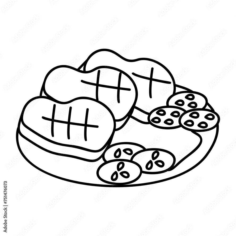 Round steak outline concept, Ribeye meat pieces with vegetables vector design, Fast Food hand draw symbol, Junk food sign, english american cuisine stock illustration Round steak outline concept, Ribeye meat pieces with vegetables vector design, Fast Food hand draw symbol, Junk food sign, english american cuisine stock illustration