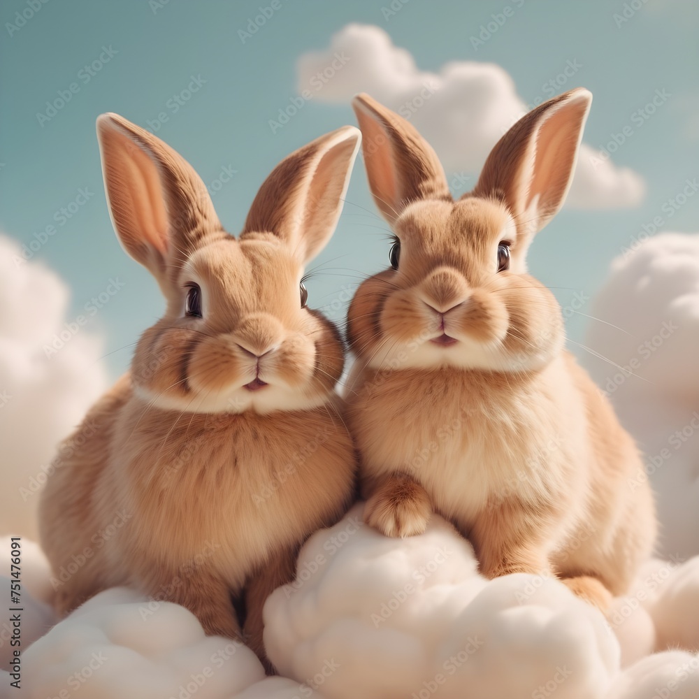 two cute rabbits sitting together on pastel fluffy clouds