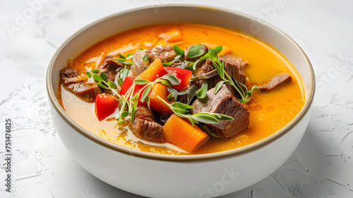 Savory beef and vegetable soup in a white bowl